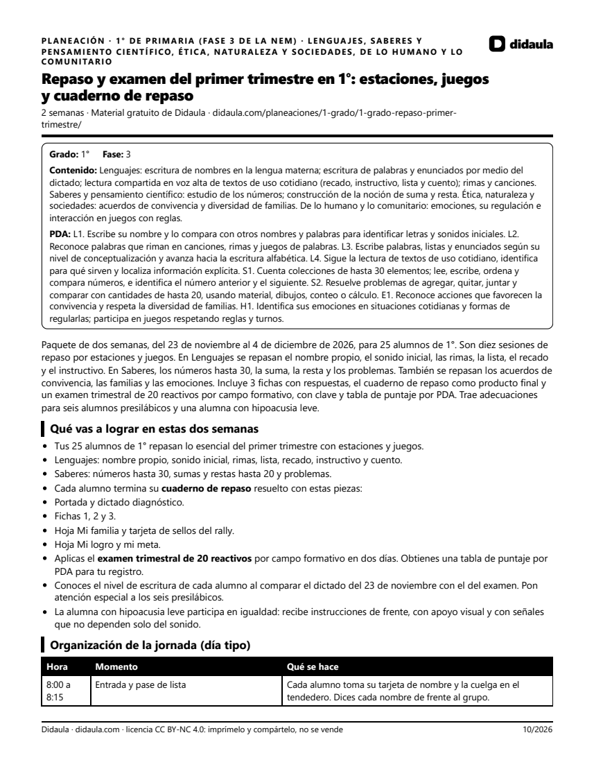 Página 1 de Repaso y examen del primer trimestre en 1°: estaciones, juegos y cuaderno de repaso