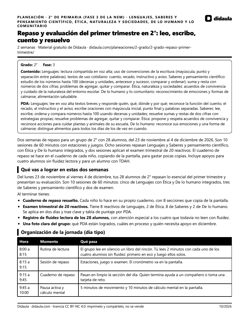 Página 1 de Repaso y evaluación del primer trimestre en 2°: leo, escribo, cuento y resuelvo