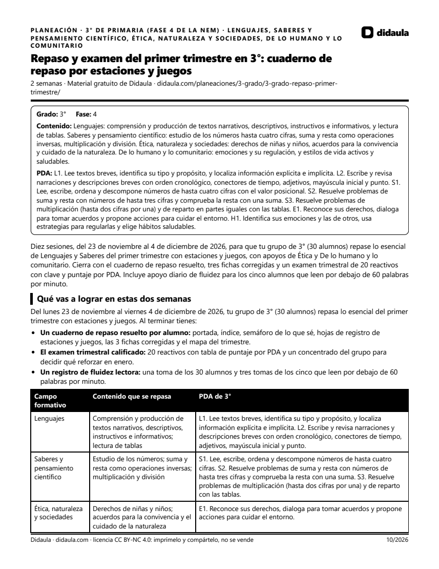 Página 1 de Repaso y examen del primer trimestre en 3°: cuaderno de repaso por estaciones y juegos