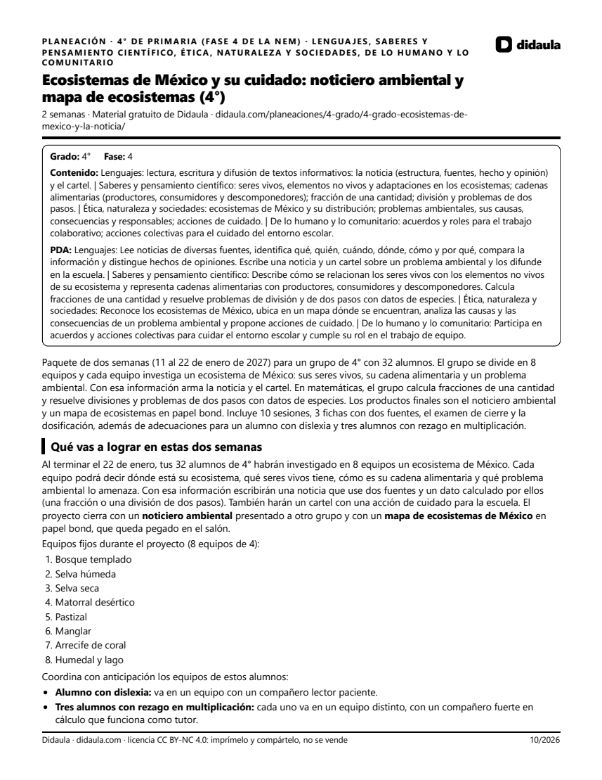 Página 1 de Ecosistemas de México y su cuidado: noticiero ambiental y mapa de ecosistemas (4°)