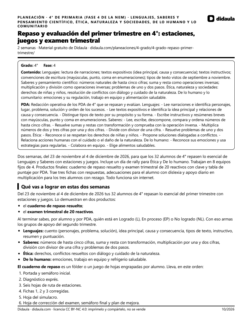 Página 1 de Repaso y evaluación del primer trimestre en 4°: estaciones, juegos y examen trimestral