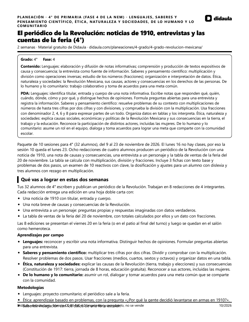 Página 1 de El periódico de la Revolución: noticias de 1910, entrevistas y las cuentas de la feria (4°)