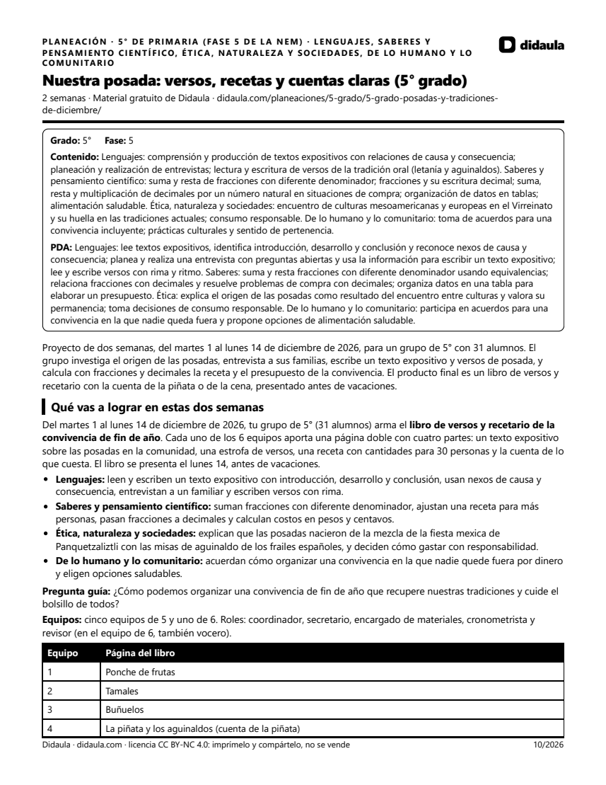 Página 1 de Nuestra posada: versos, recetas y cuentas claras (5° grado)