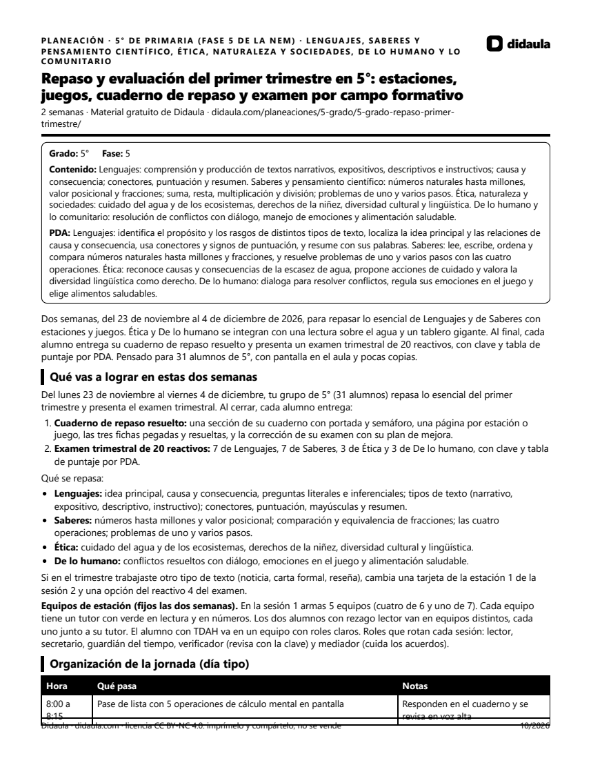 Página 1 de Repaso y evaluación del primer trimestre en 5°: estaciones, juegos, cuaderno de repaso y examen por campo formativo