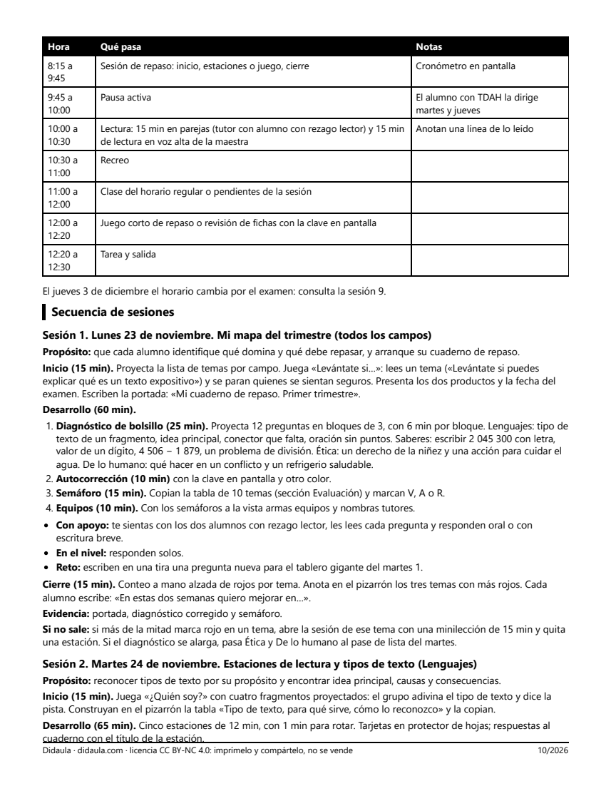 Página 2 de Repaso y evaluación del primer trimestre en 5°: estaciones, juegos, cuaderno de repaso y examen por campo formativo
