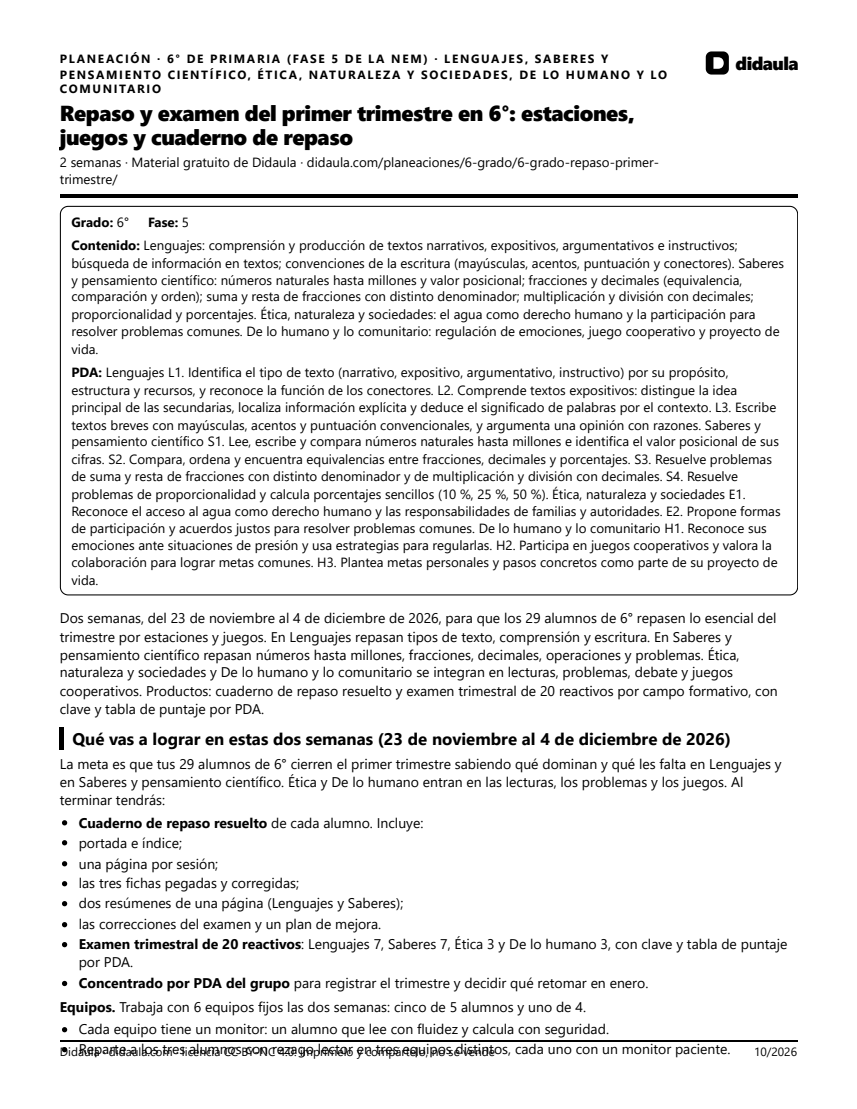 Página 1 de Repaso y examen del primer trimestre en 6°: estaciones, juegos y cuaderno de repaso