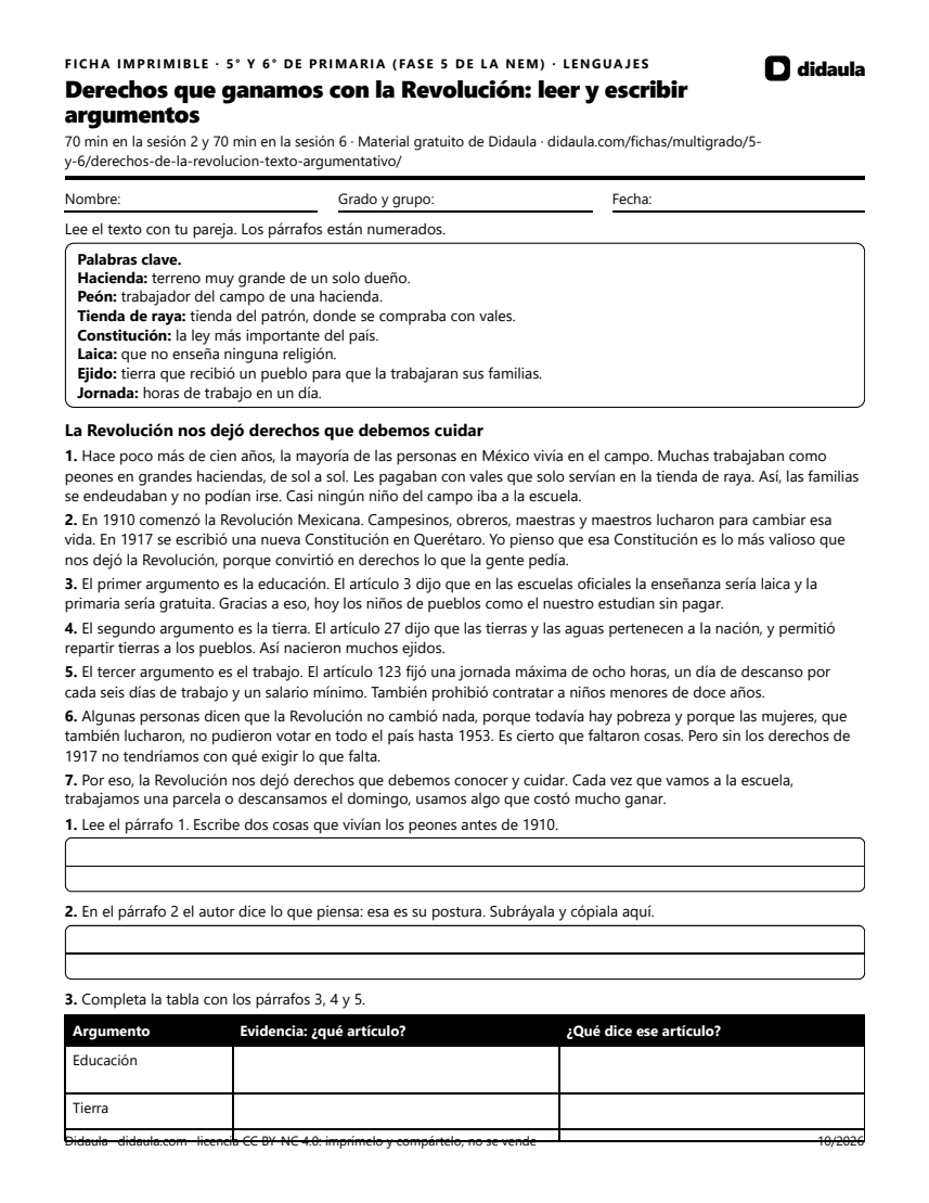 Página 1 de Derechos que ganamos con la Revolución: leer y escribir argumentos