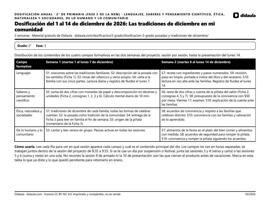 Página 1 de Dosificación del 1 al 14 de diciembre de 2026: Las tradiciones de diciembre en mi comunidad