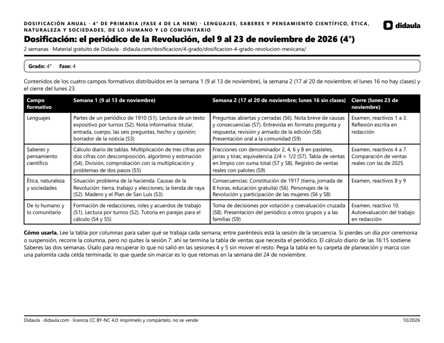 Página 1 de Dosificación: el periódico de la Revolución, del 9 al 23 de noviembre de 2026 (4°)