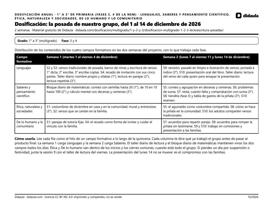 Página 1 de Dosificación: la posada de nuestro grupo, del 1 al 14 de diciembre de 2026