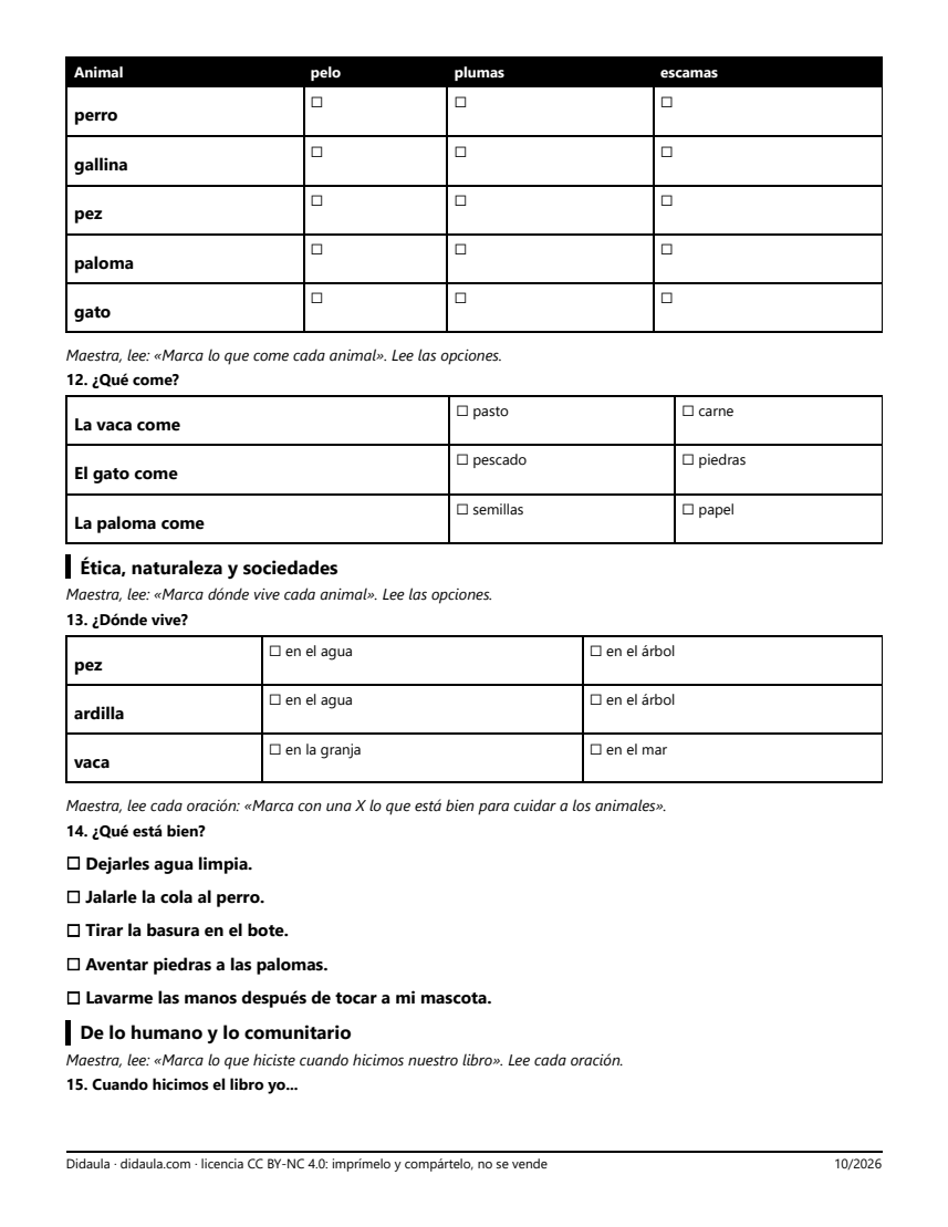 Página 3 de Examen de cierre: Los animales de mi comunidad