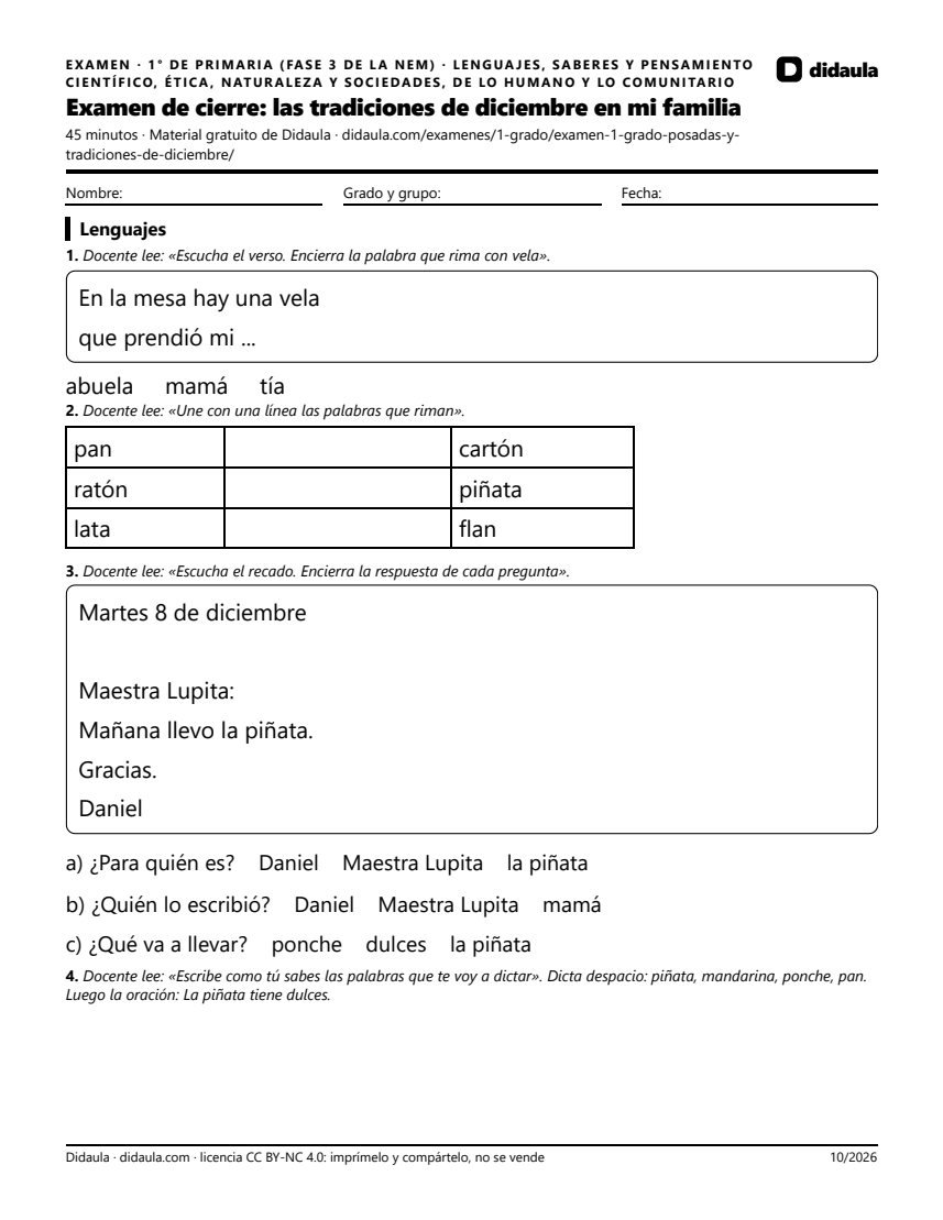 Página 1 de Examen de cierre: las tradiciones de diciembre en mi familia