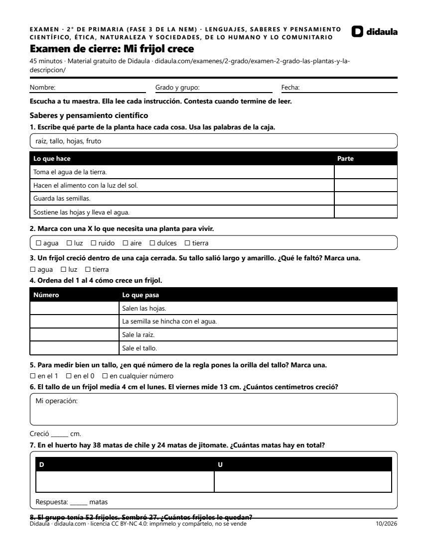 Página 1 de Examen de cierre: Mi frijol crece