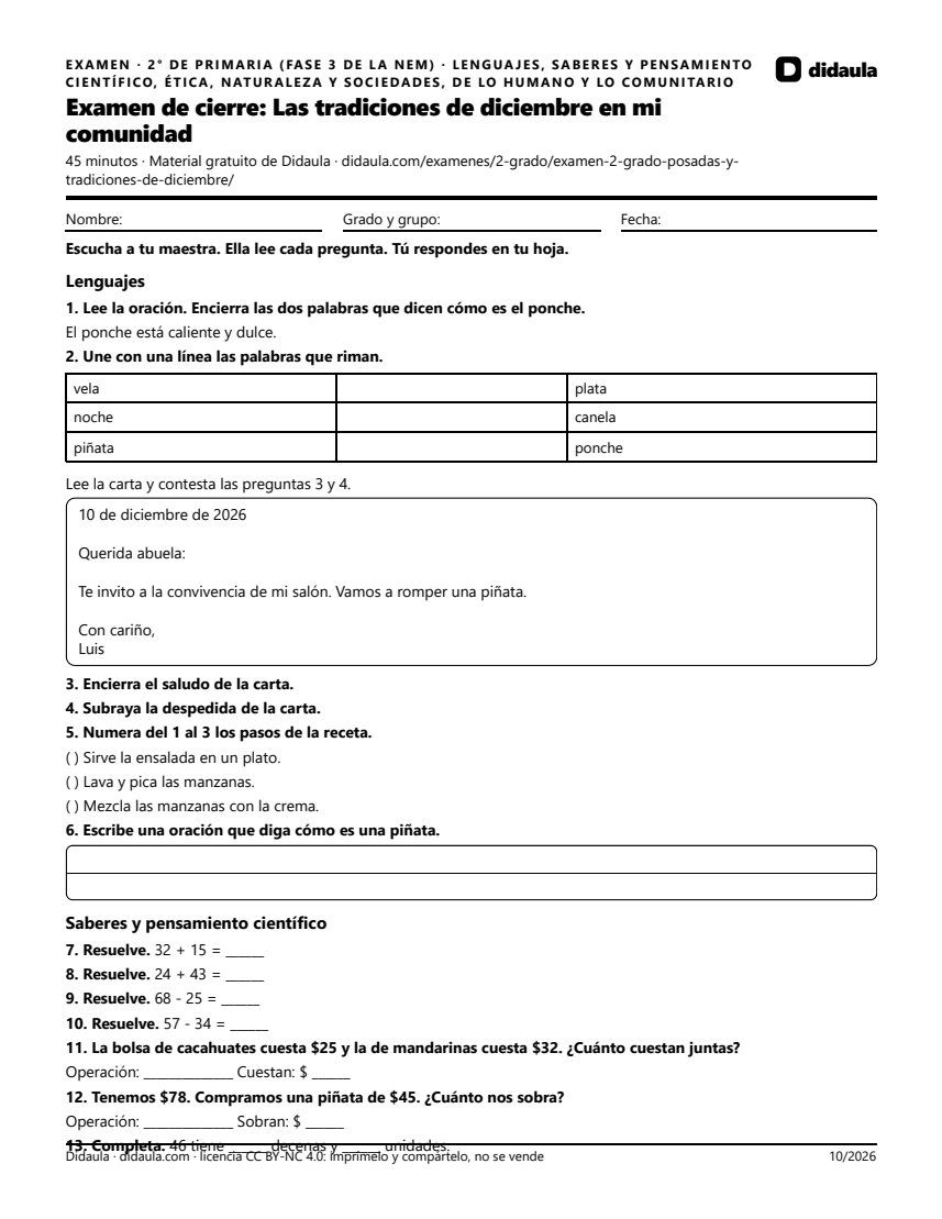 Página 1 de Examen de cierre: Las tradiciones de diciembre en mi comunidad