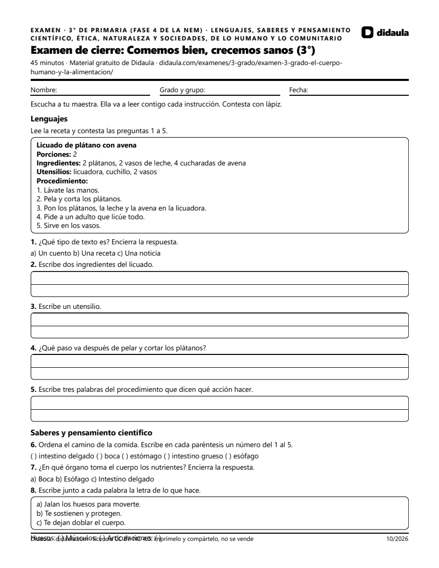 Página 1 de Examen de cierre: Comemos bien, crecemos sanos (3°)