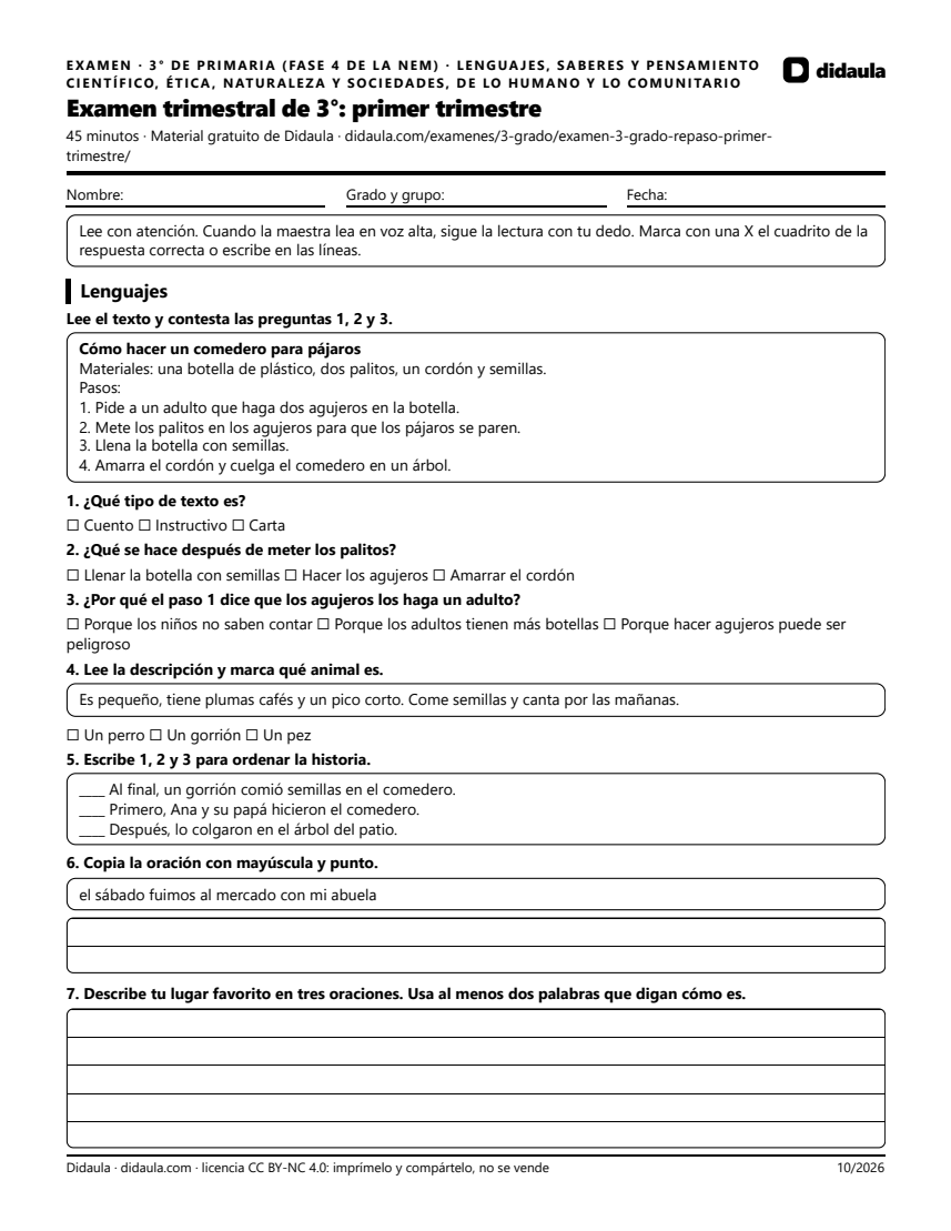 Página 1 de Examen trimestral de 3°: primer trimestre