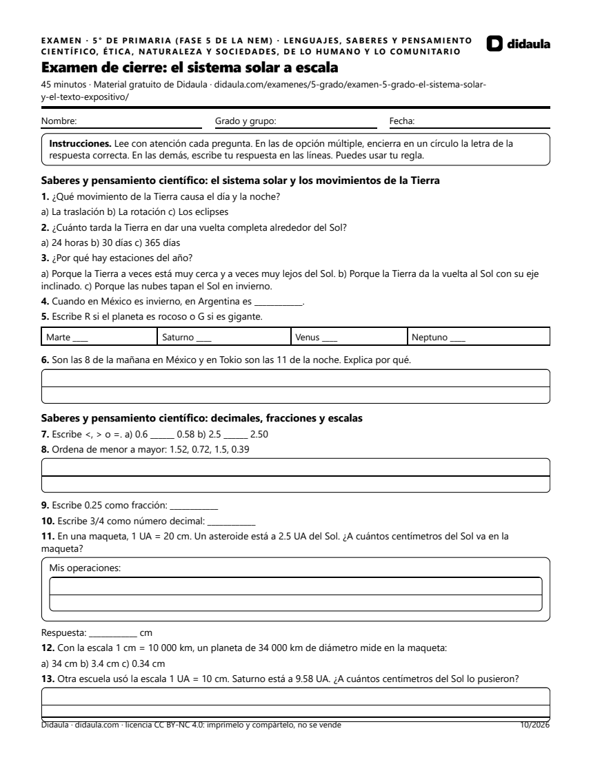Página 1 de Examen de cierre: el sistema solar a escala