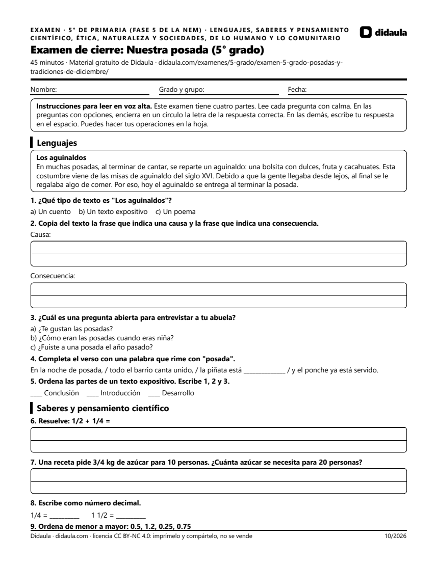Página 1 de Examen de cierre: Nuestra posada (5° grado)