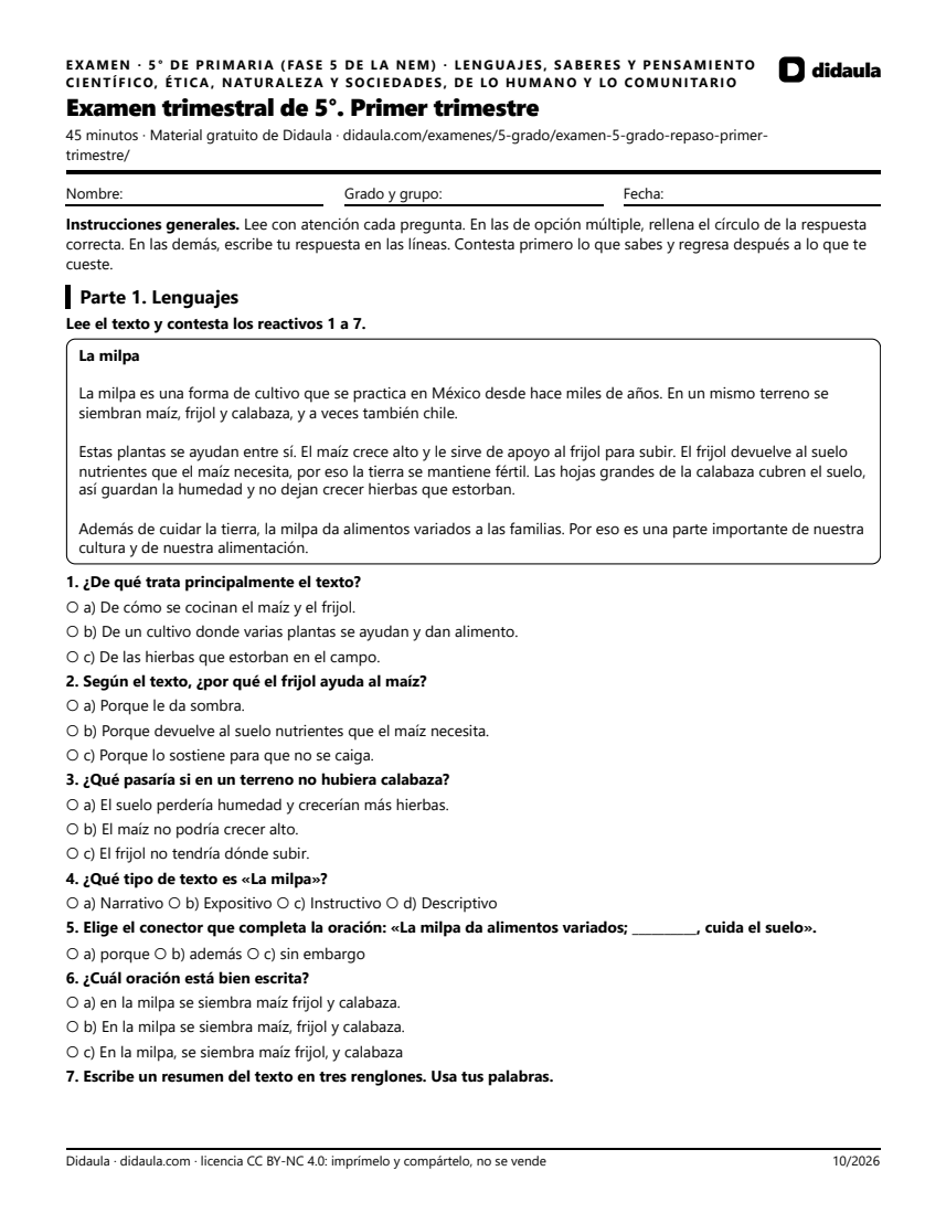 Página 1 de Examen trimestral de 5°. Primer trimestre
