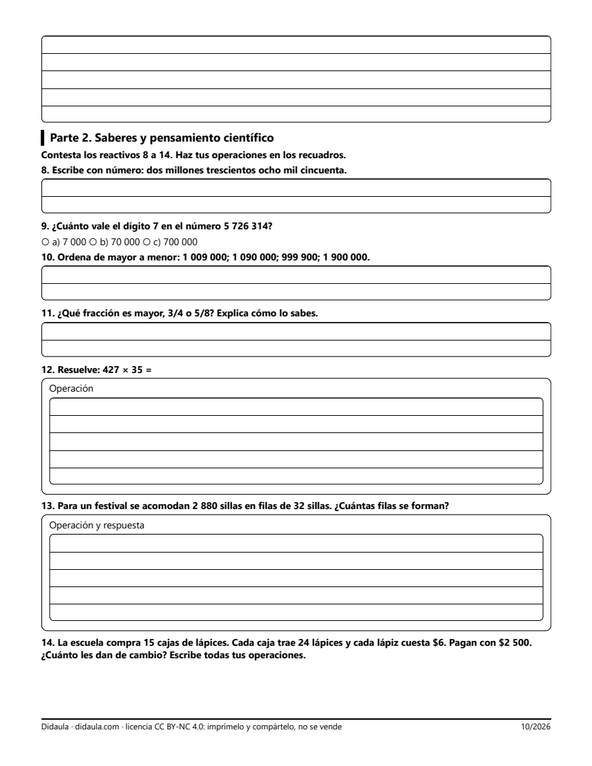 Página 2 de Examen trimestral de 5°. Primer trimestre