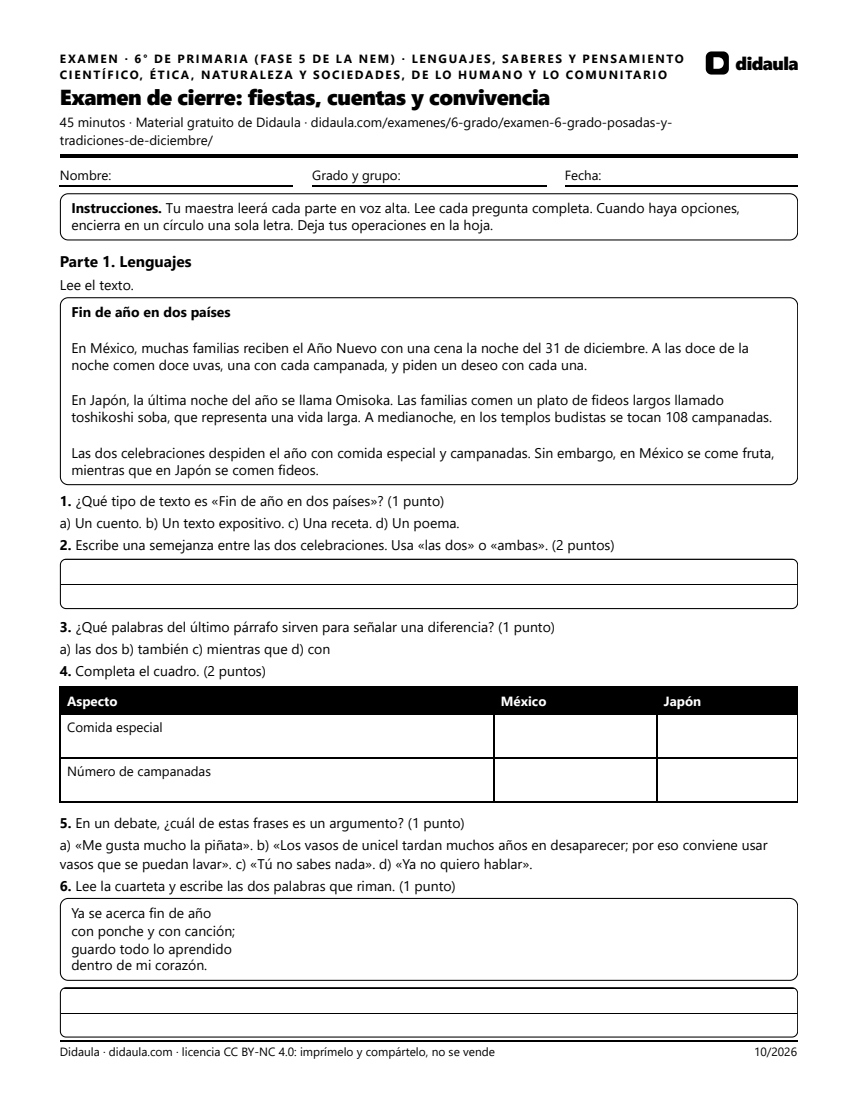 Página 1 de Examen de cierre: fiestas, cuentas y convivencia