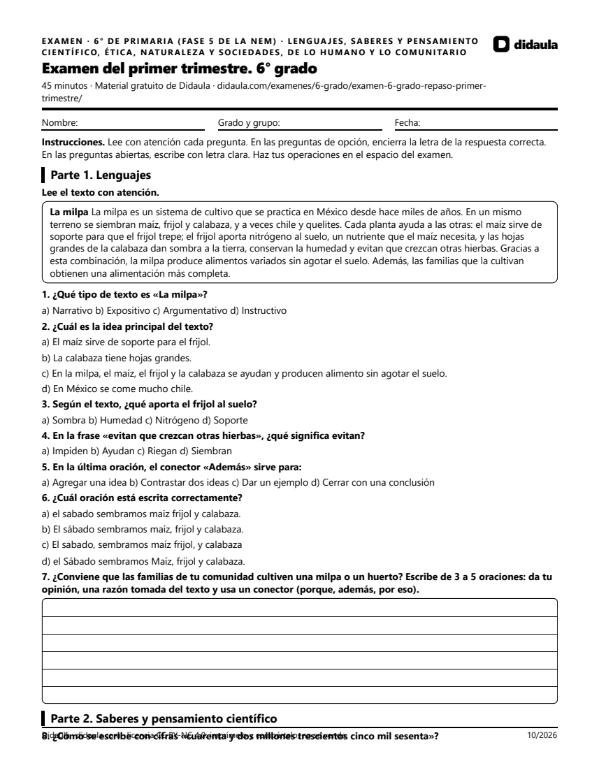 Página 1 de Examen del primer trimestre. 6° grado