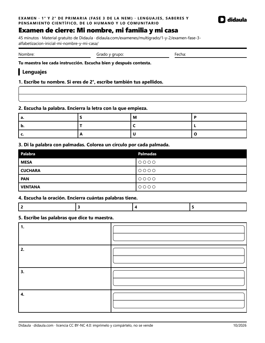 Página 1 de Examen de cierre: Mi nombre, mi familia y mi casa