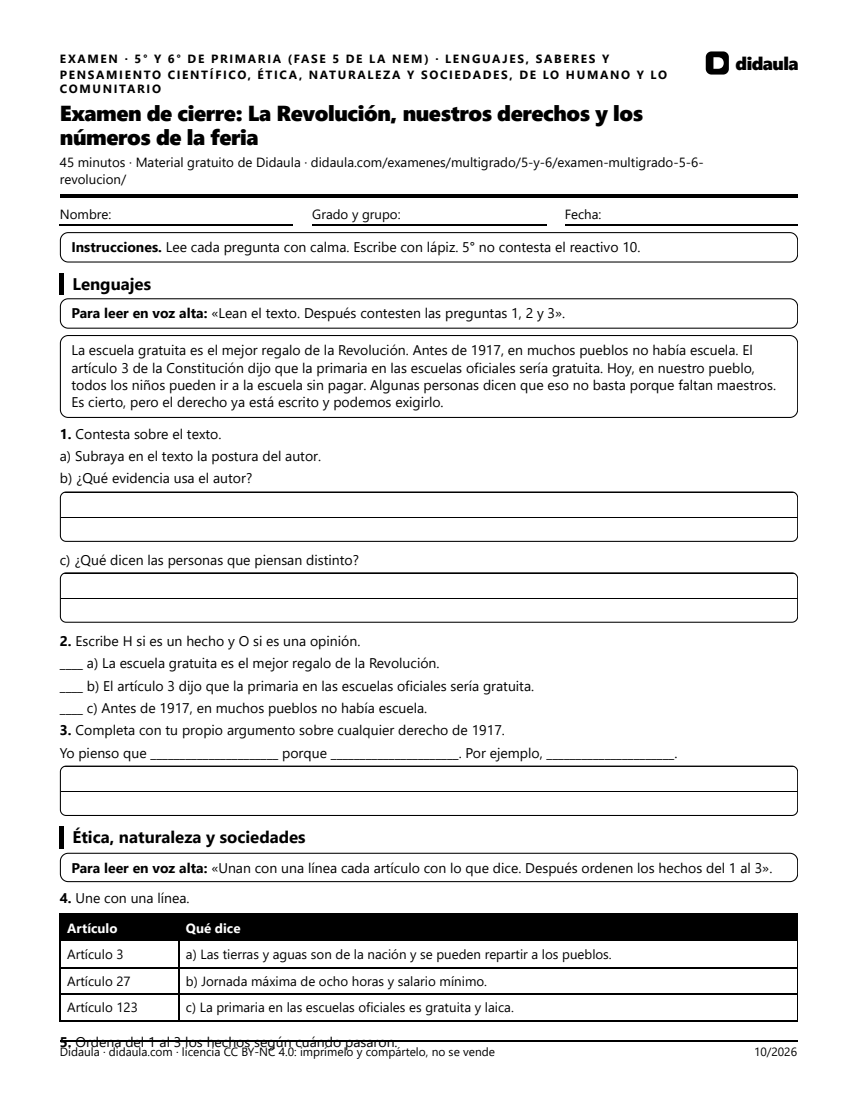 Página 1 de Examen de cierre: La Revolución, nuestros derechos y los números de la feria