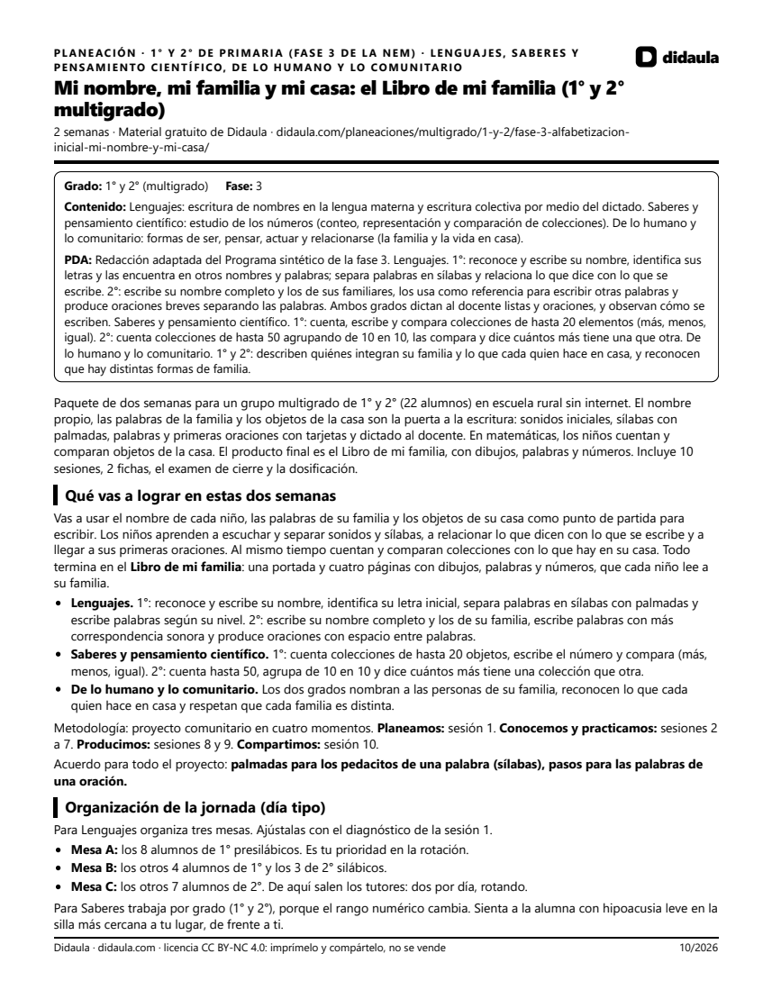 Página 1 de Mi nombre, mi familia y mi casa: el Libro de mi familia (1° y 2° multigrado)