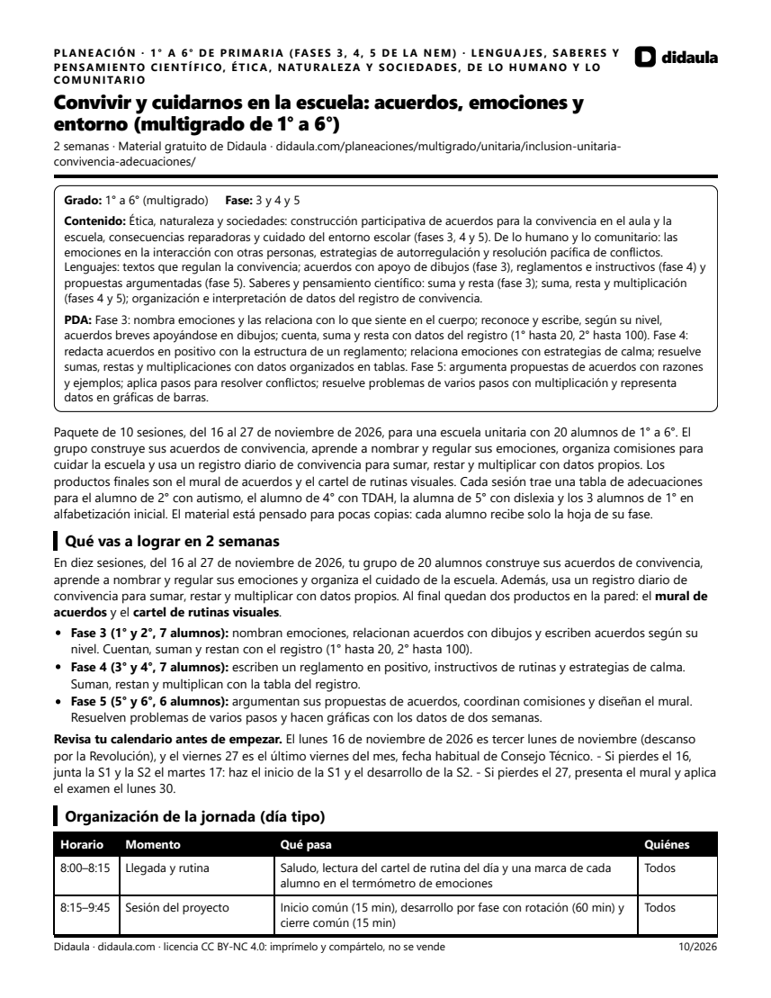 Página 1 de Convivir y cuidarnos en la escuela: acuerdos, emociones y entorno (multigrado de 1° a 6°)
