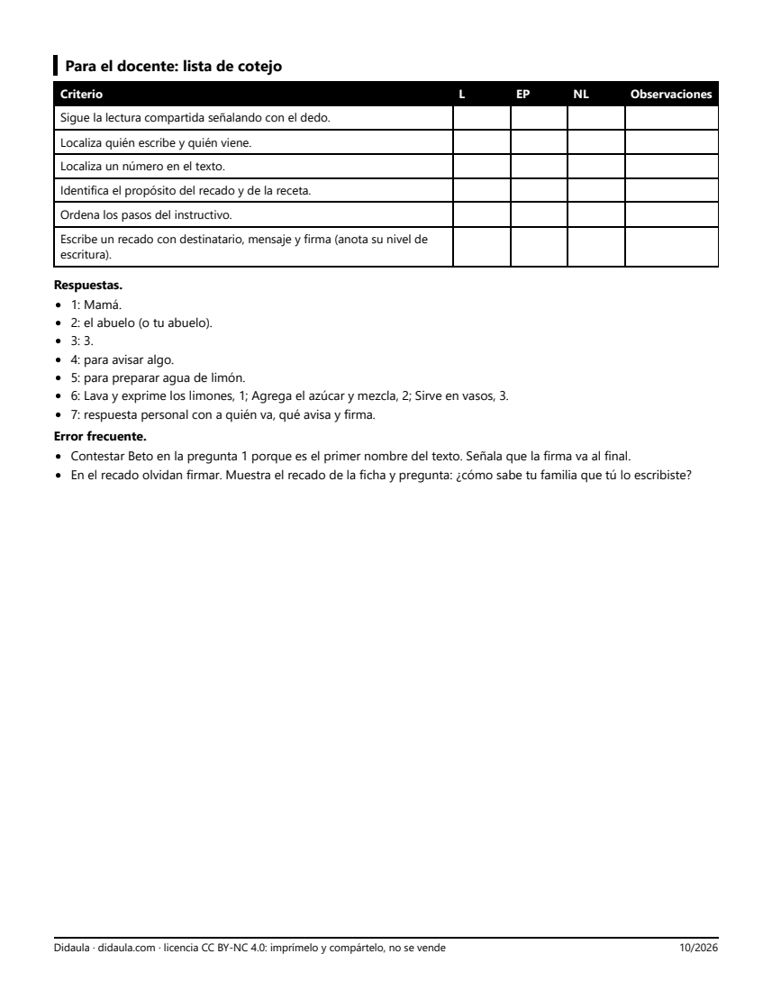 Página 2 de Leo un recado y una receta