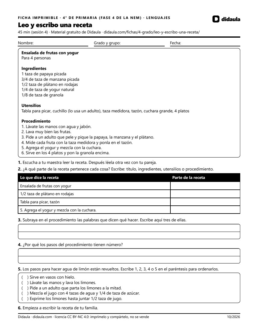 Página 1 de Leo y escribo una receta