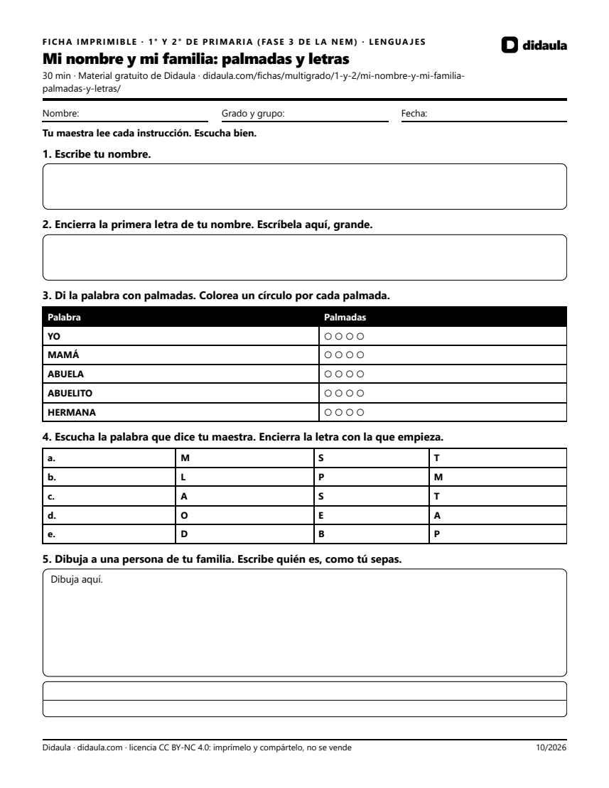 Página 1 de Mi nombre y mi familia: palmadas y letras