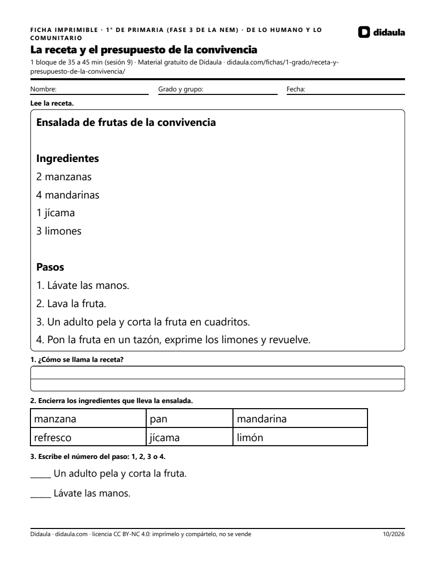 Página 1 de La receta y el presupuesto de la convivencia