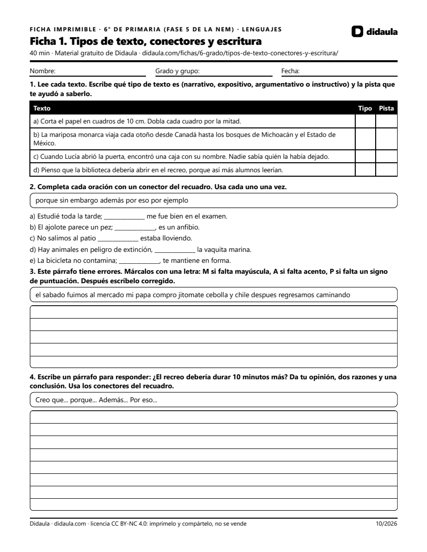 Página 1 de Ficha 1. Tipos de texto, conectores y escritura